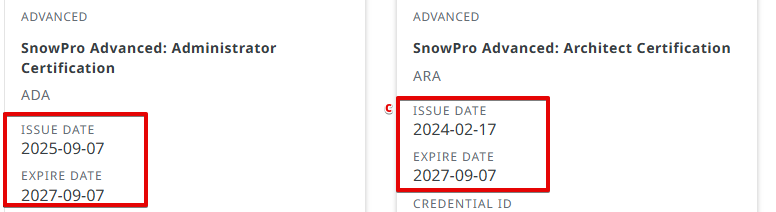 mizuhoruisui's tweet image. AdminとったらArchitectのexpireも延長されたの嬉しすぎる！
2月に受けなくていいじゃないか！
#Snowflake
#SnowProAdvanced