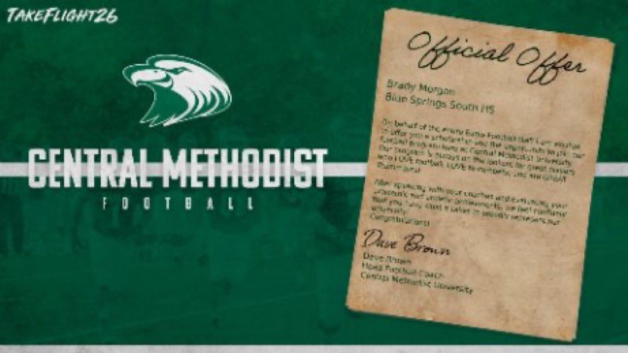 Brady Morgan (@bradyxmorgan) on Twitter photo After a great conversation with <a href="/MackHelms6083/">Coach Helms</a>, I am blessed to receive an offer from Central Methodist University!
<a href="/CoachWilmes25/">Coach Alan Wilmes</a> <a href="/JaguarsBss/">Blue Springs South Football</a> <a href="/RecruitBssFB/">Recruit BSS Jaguar Football</a> After a great conversation with <a href="/MackHelms6083/">Coach Helms</a>, I am blessed to receive an offer from Central Methodist University!
<a href="/CoachWilmes25/">Coach Alan Wilmes</a> <a href="/JaguarsBss/">Blue Springs South Football</a> <a href="/RecruitBssFB/">Recruit BSS Jaguar Football</a>