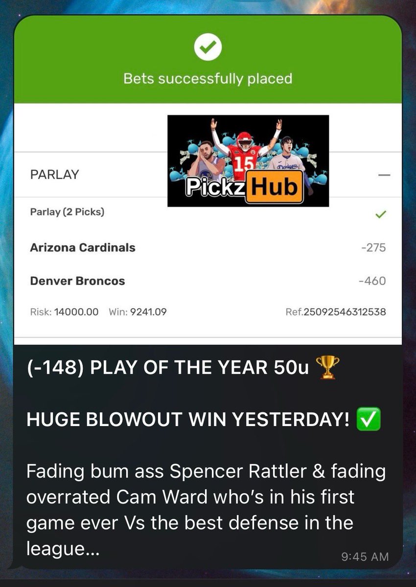 AGAIN &amp; AGAIN &amp; AGAIN BLOWOUTS!!! 🏈🏆✅

PLAY OF THE YEAR YEAR (-130) 50u 🏆✅
CARDINALS ✅
BRONCOS ✅

NFL IS TOO FUCKING EASY I SAID IT WAS A GUARANTEED LOCK!!! 🏆✅🔒✅

CHANGE YOUR LIFE HERE! ➡️ PickzHub.com