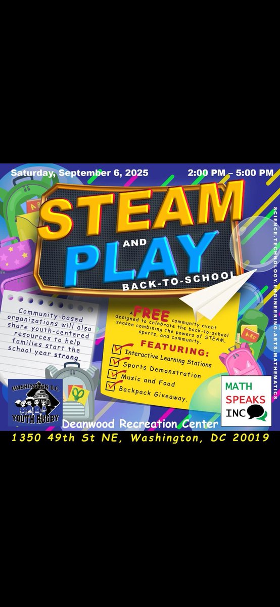 Patricia Stamper (@simply_stamper) on Twitter photo Yesterday in #Deanwood we celebrated back-to-school at the STEAM & Play event! 🎉
✅ Backpacks & supplies
✅ Free wrestling demos w/ <a href="/DCTakedownClub/">DC Takedown Club</a>
✅ Sports & learning stations
✅ Music by EOTR Steel Band
Proud to see #Ward7 families start the school year strong!
#ANC7C06 Yesterday in #Deanwood we celebrated back-to-school at the STEAM & Play event! 🎉
✅ Backpacks & supplies
✅ Free wrestling demos w/ <a href="/DCTakedownClub/">DC Takedown Club</a>
✅ Sports & learning stations
✅ Music by EOTR Steel Band
Proud to see #Ward7 families start the school year strong!
#ANC7C06