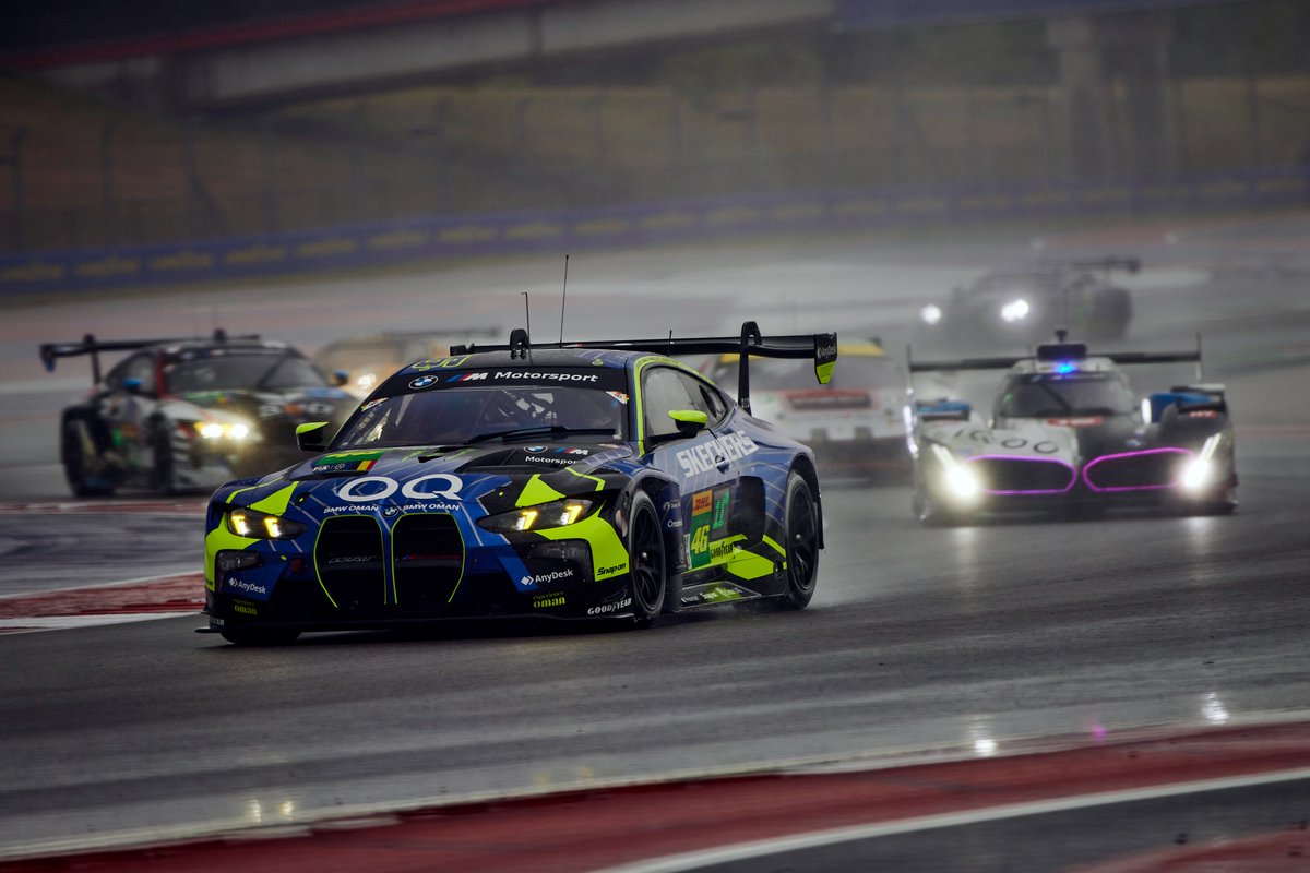 BMWMotorsport's tweet photo. A stunning finish by Kelvin van der Linde powers the #46 BMW M4 GT3 EVO onto the podium at #COTA! 😍 The #31 BMW M4 GT3 EVO crosses the line in fourth. 👏 https://t.co/H5GwoTBr9D