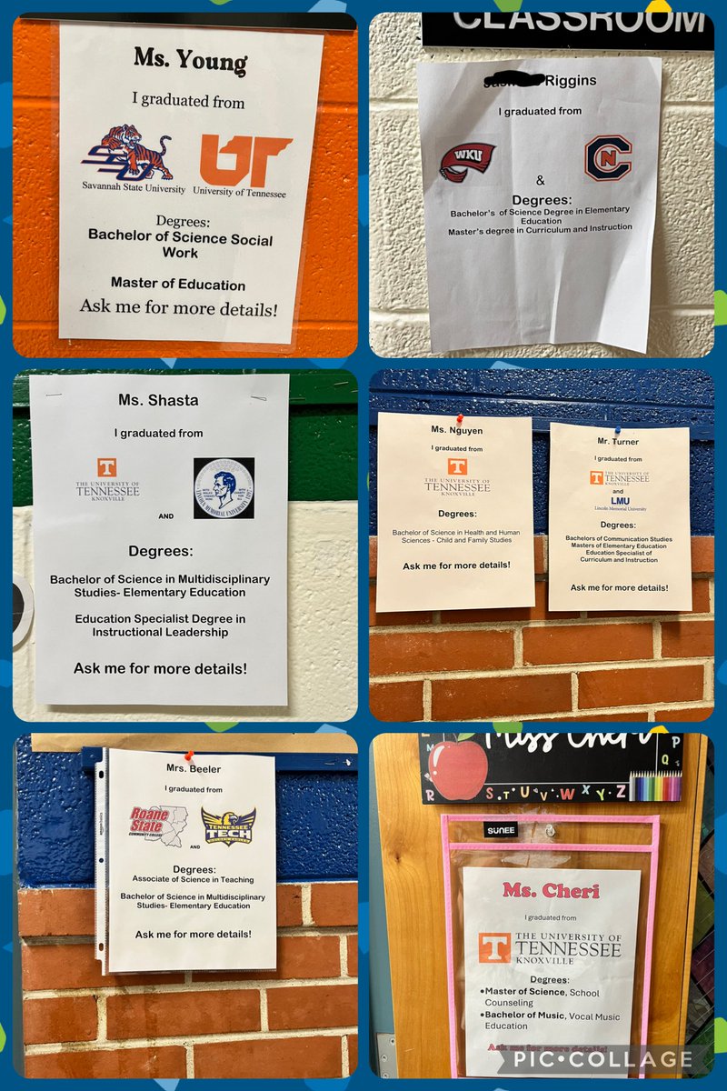 One of our 3rd grade teachers started a project to create a postsecondary planning culture here in #BearNation! We used a template she provided and posted where we went to school after high school. 💚🐻💙  #DreamBelieveThinkAchieveBIG #wheredembearsat