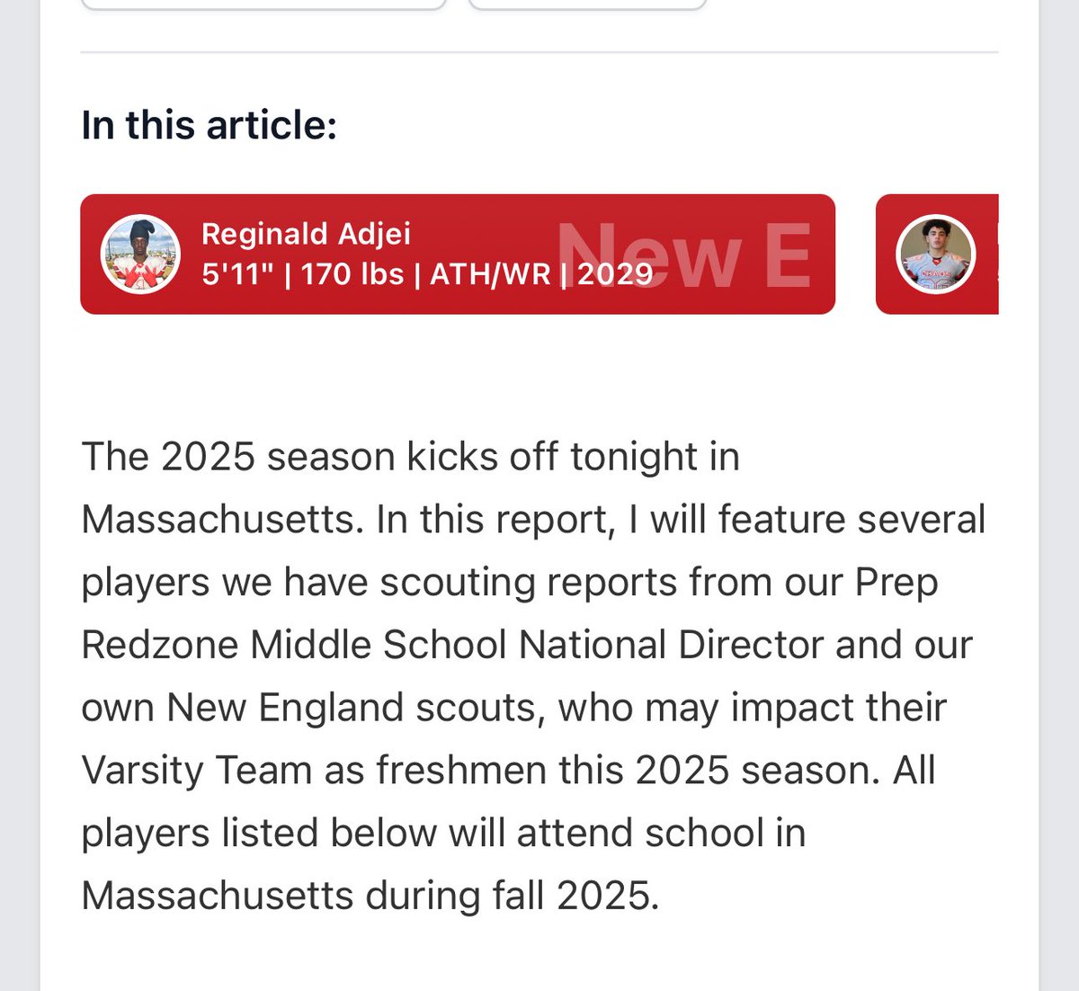 Thank you <a href="/PrepRedzone/">Prep Redzone 🏈</a> for the scout report as a top freshman in Massachusetts <a href="/CoachSen_SJ/">Gary Senecal</a> <a href="/PrepRedzone/">Prep Redzone 🏈</a>  <a href="/SaintJohnsFB/">Saint John's HS Football</a> <a href="/SJHS_PioneersAD/">Saint John's HS Athletics</a>