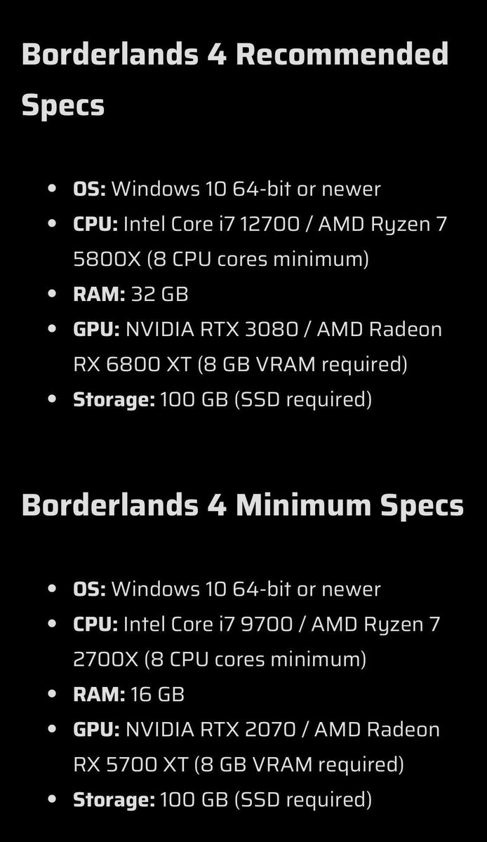 DezMaggs's tweet image. I&apos;m so excited for @Borderlands 4, but having a potato for a PC, it won&apos;t play. 

Check for make sure you aren&apos;t like me &amp;amp; can play it this weekend on release.

#FreePC #NeedUpgrade