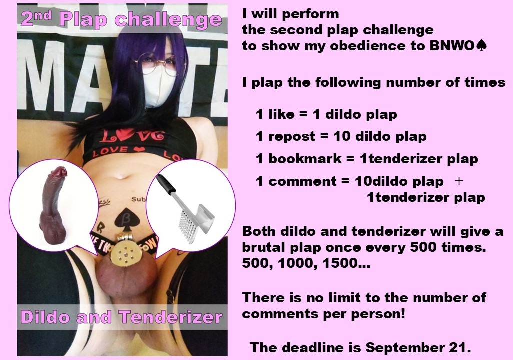 2nd Plap Challenge!!

I plap the following number of times

1 like = 1 dildo plap
1 repost = 10 dildo plap
1 bookmark = 1tenderizer plap
1 comment = 10dildo plap ⁺ 1tenderizer plap

The deadline is September 21. We'll tally the votes at that point!

I'll add rules in comments↓