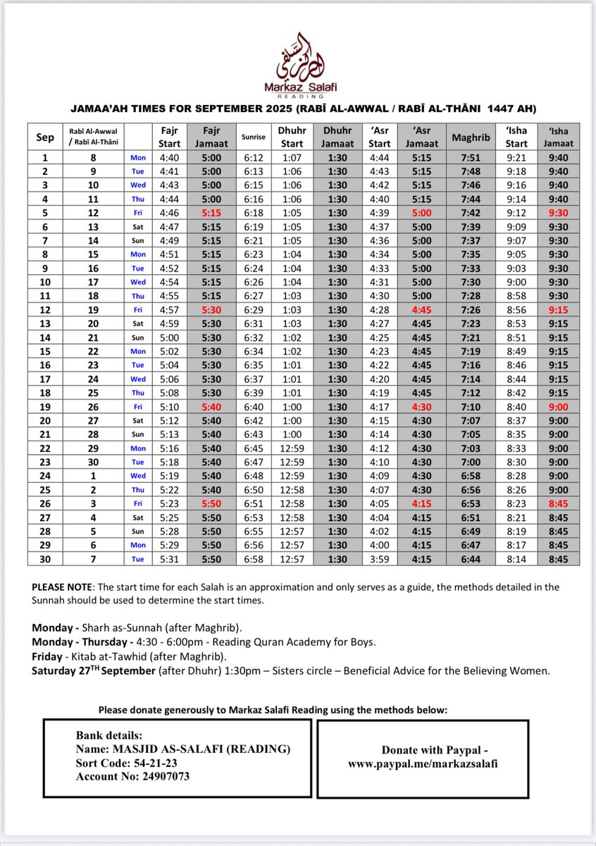 Markaz Salafi Reading; 
August 2025 Rabi Al-Awwal/Rabi Al-Thani 1447 Prayer Timetable