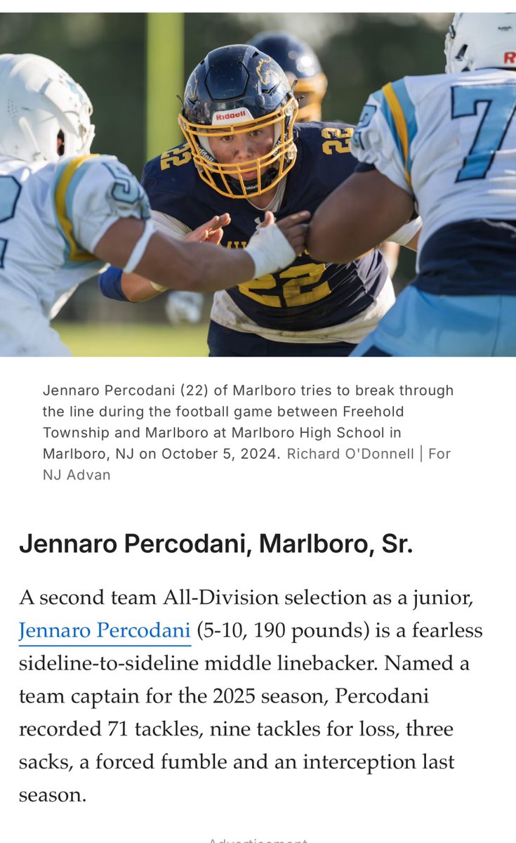 Jennaro “Perk” Percodani (@jennaroperk) on Twitter photo Thanks <a href="/ogbensherman/">Ben Sherman</a> and <a href="/HSSportsNJ/">NJ.com HS Sports</a> for recognizing me as one of the top Linebackers in Group 4.
<a href="/mhsmustangsfb/">mustangsfootball</a> ,<a href="/reid_stapp/">Reid Stapp</a> ,<a href="/JPapalia57/">Jim Papalia</a> ,<a href="/BillyTCook/">Bill Cook</a> ,<a href="/TheMikeLuzio/">TheMikeLuzio</a> ,<a href="/Coach_Brown050/">Coach Jeff Brown</a> ,<a href="/nextlvlculture/">Next Level Culture</a> ,<a href="/GoMVB/">GoMVB Sports - Recruit Content for College Coaches</a> Thanks <a href="/ogbensherman/">Ben Sherman</a> and <a href="/HSSportsNJ/">NJ.com HS Sports</a> for recognizing me as one of the top Linebackers in Group 4.
<a href="/mhsmustangsfb/">mustangsfootball</a> ,<a href="/reid_stapp/">Reid Stapp</a> ,<a href="/JPapalia57/">Jim Papalia</a> ,<a href="/BillyTCook/">Bill Cook</a> ,<a href="/TheMikeLuzio/">TheMikeLuzio</a> ,<a href="/Coach_Brown050/">Coach Jeff Brown</a> ,<a href="/nextlvlculture/">Next Level Culture</a> ,<a href="/GoMVB/">GoMVB Sports - Recruit Content for College Coaches</a>