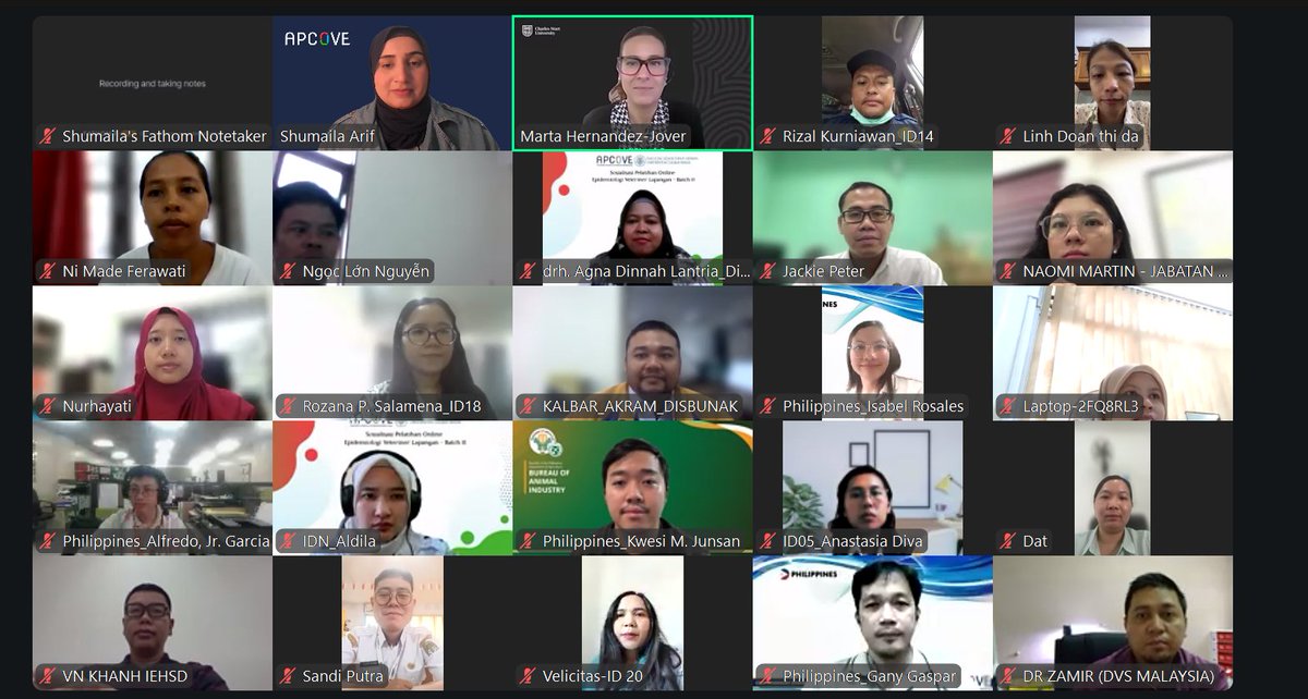 apcove's tweet photo. 🌍✨ Great to host the intro session for Competency E: One Health & Biosecurity on 3 Sept as part of the APCOVE training program.

👩‍⚕️👨‍⚕️ 55+ trainees from 🇮🇩 🇲🇾 🇻🇳 🇵🇭 joined.
🎙️ Led by Prof Marta Hernandez-Jover (CSU), sharing practical insights on biosecurity & One Health collaboration.

💪 Building stronger field epi capacity across the region!

#OneHealth #VeterinaryEpidemiology #APCOVE #PublicHealth #AsiaPacific #DFAT #CentreHealthSec  #TEPHINET #GOARN #CDC