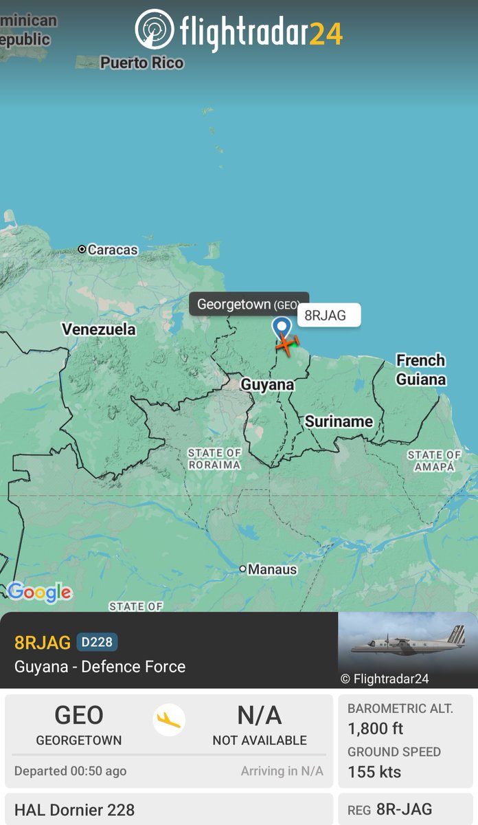 OSINTMilTracker's tweet photo. ๐ฌ๐พ #Guyana - Defence Force, small aircraft HAL Dornier 228 patrolling disputed Esequiba region border with Venezuela.
#8RJAG | #D228 | REG 8R-I https://t.co/cKdzJyg2EK