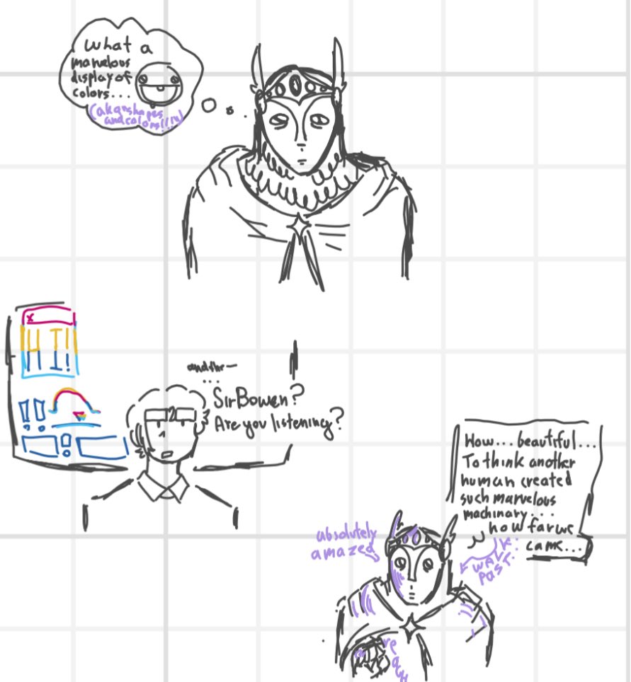 The knight is…amused by the modern technology, and since the priest has the craziest looking ones, it is natural of him to feel attracted to it.
(SIR BOWEN DRAWN BY @/vamp_any!!!) #sirbowen #fatherjohn #unclesamsonite #unclesamsoniteoc ?(BC of Seraph, John’s computer)