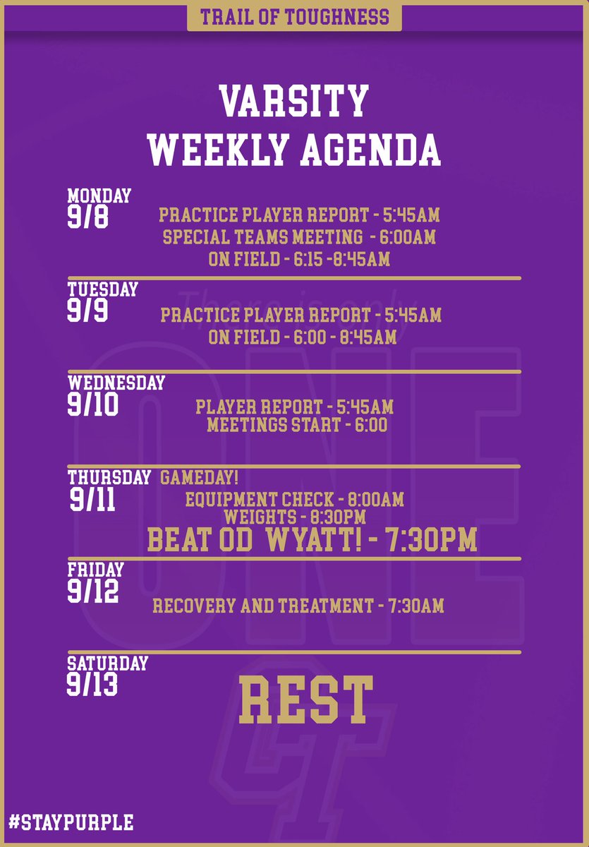 🚨 Agenda for the week! 🚨 

#TrailOfToughness | #StayPurple