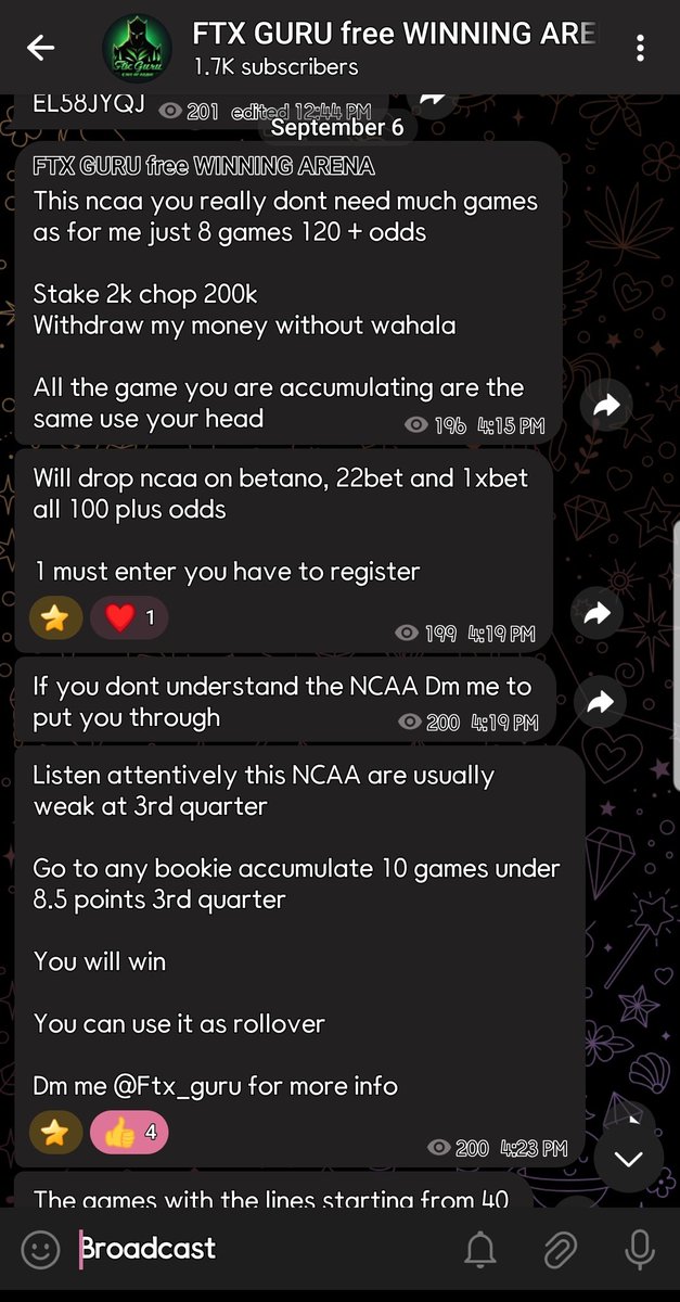 I even dropped a cheat of how to win this NCAA and NFL on my telegram and not upto 24hrs we won 

Congratulations to the winners 
1kodds 
500 odds
300 odds  in one night 😩😭

Join my tg update full ooo
t.me/fT1X_GURU