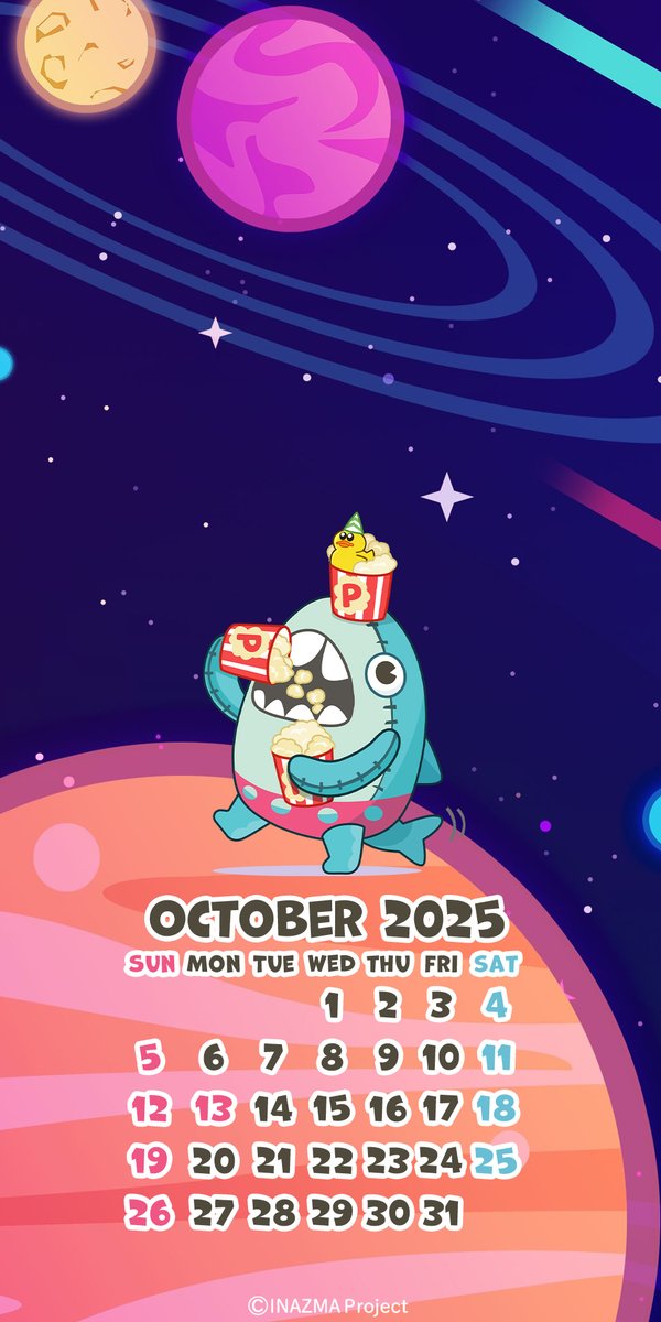🚀💫10月の壁紙カレンダーです💫🚀

食欲の秋がやってきました！🍁🍠
バイザウェイもおいしいものを探し中🍿🍽️🦈

#10月 #October #バイザウェイ #2025年 #壁紙 #wallpaper #カレンダー #calendar #イナズマデリバリー