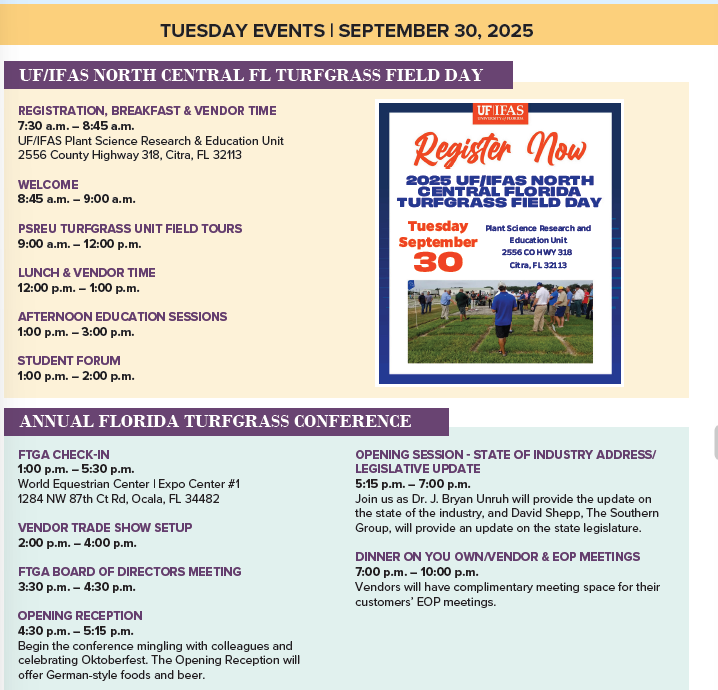 Tuesday Agenda at the 2025 Annual Turfgrass Conference

Conference Information:
ftga.org/page/CSAttendee
Attendee Brochure:
cdn.ymaws.com/www.ftga.org/r…
Online Registration:
ftga.org/events/EventDe…

#AnnualFloridaTurfgrassConference