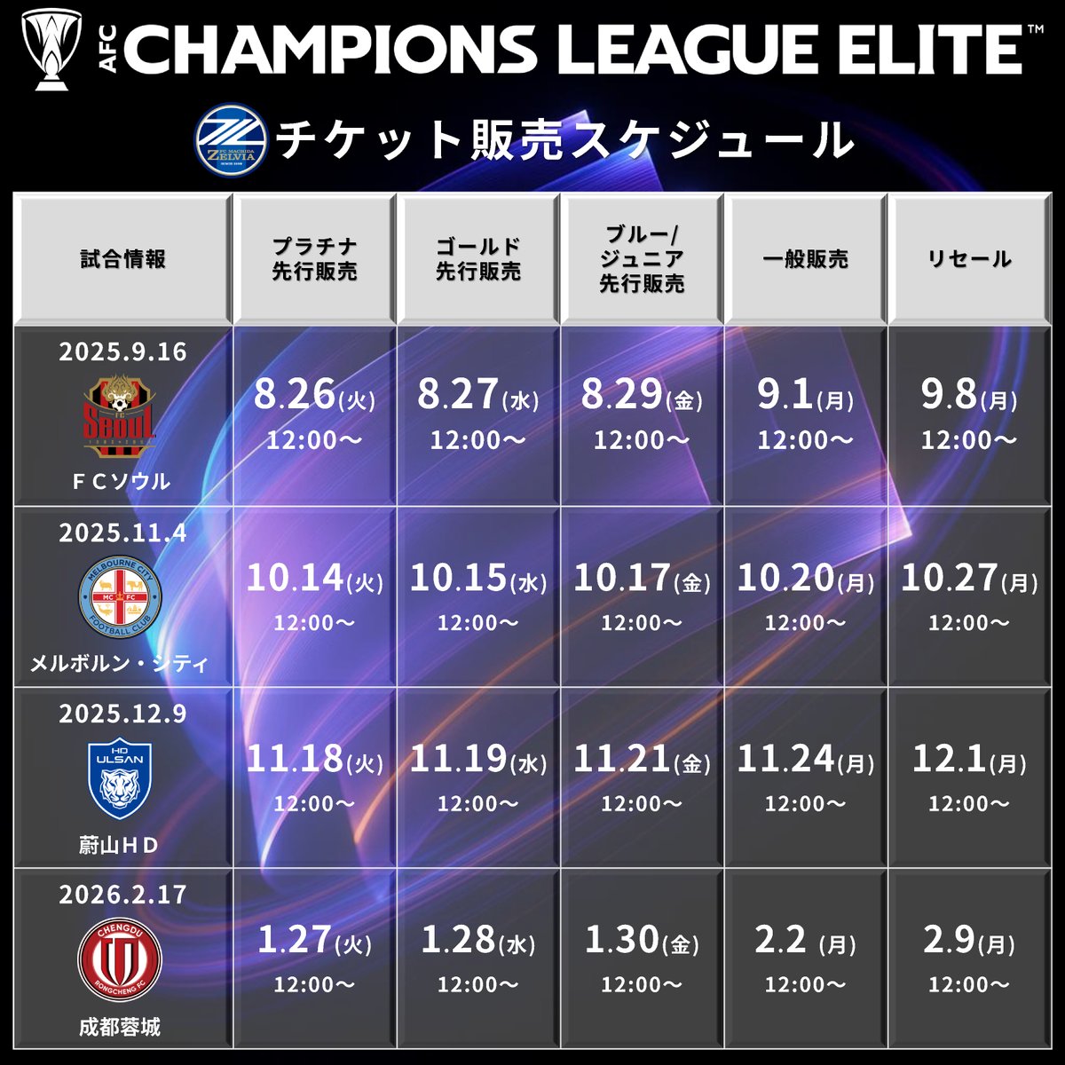 AFCチャンピオンズリーグエリート2025/26 📅チケット販売スケジュール