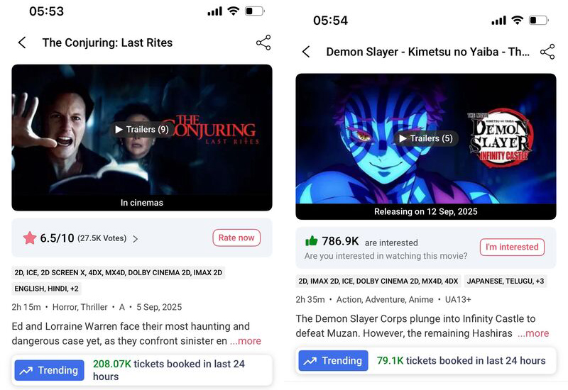 Tkts Booked at BMS - 07.09.25(Sun):

#Lokah:236K(D11) 
#TheConjuringLastRites:208K(D3)
#DemonSlayerKimetsuNoYaiba:79K(A)

#Baaghi4: 143K(D3) 
#ParamSundari: 41K(D10) 

#Madharaasi: 123K(D3)

#Hridayapoorvam:76K(D11)
#Ghati: 13K(D3)
#VashLevel2:10K(D12)
#MahavtarNarsimha: 13K(D45)