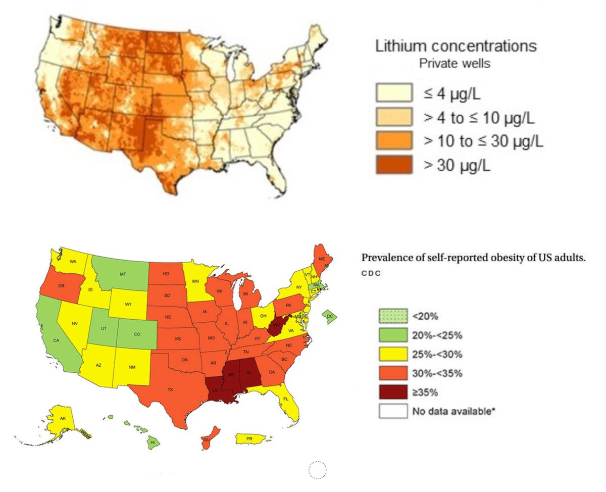 Well.

I just read a doctor's blog post that mentioned that low-dose lithium might help with obesity and type 2 diabetes.

And he mentioned that many Americans get small amounts of lithium from their ground water.

So I looked for some maps.

They seem interesting.

Higher