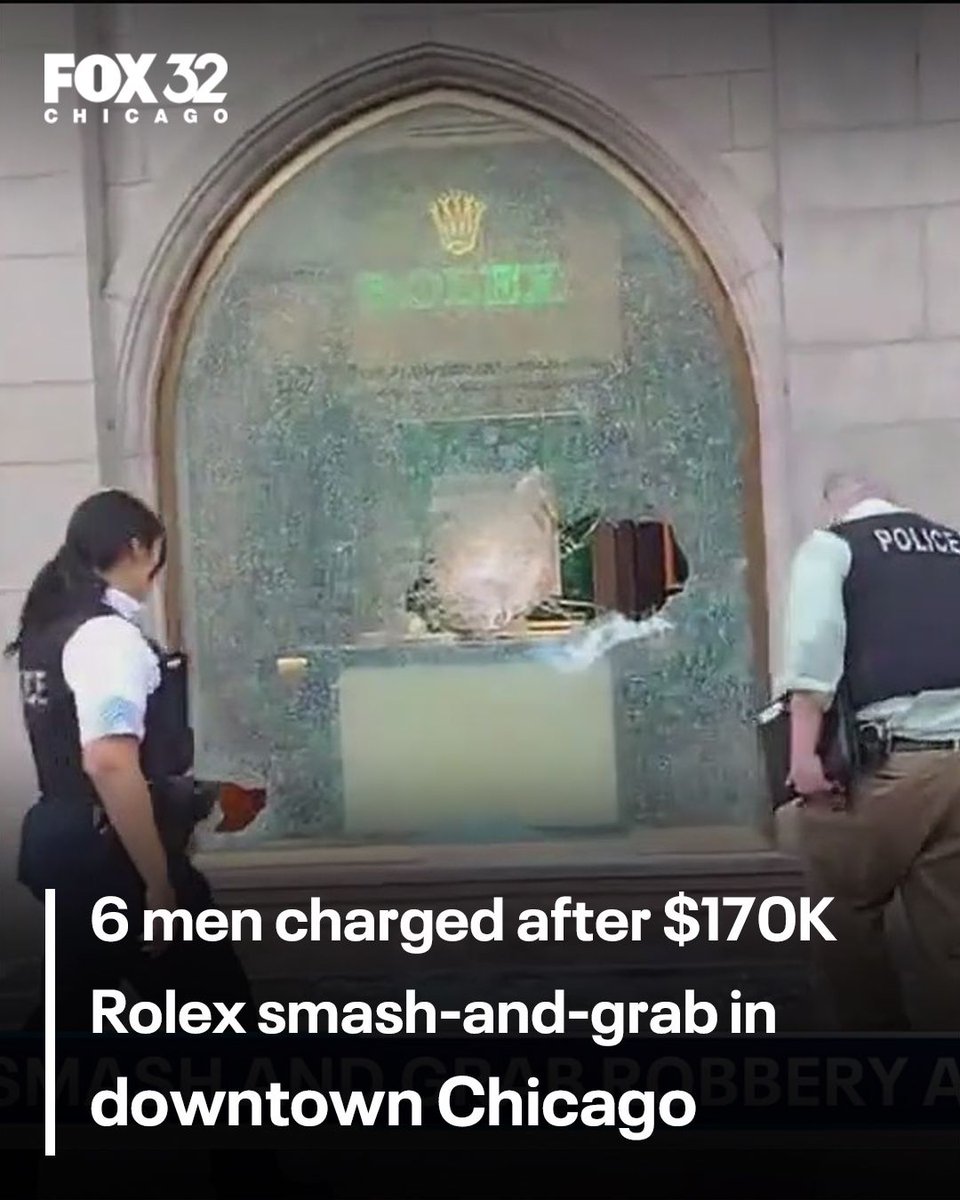 fox32news's tweet photo. Six men have been charged following a daytime smash-and-grab robbery at a Rolex boutique in downtown Chicago on Friday. https://t.co/yAJmTrXif4 https://t.co/sDzpvG4uzI