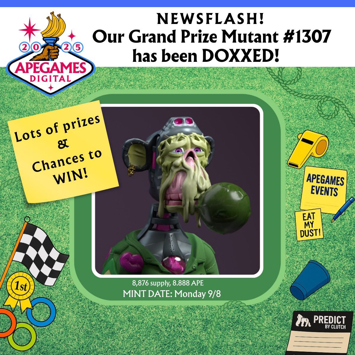 AG Digital Competition prizes and utility include:
🏆MAYC #1307 - AG NFT (card holder) on the winning team 
🥇Top teams will be a named teams in the ApeGames Vegas IRL competition 
💰$APE
👟Custom <a href="/freshestkicksOG/">FRESHESTKICKS.ETH 👟</a> sneakers
🎟️ApeGames Vegas IRL competition utility 
Lots more