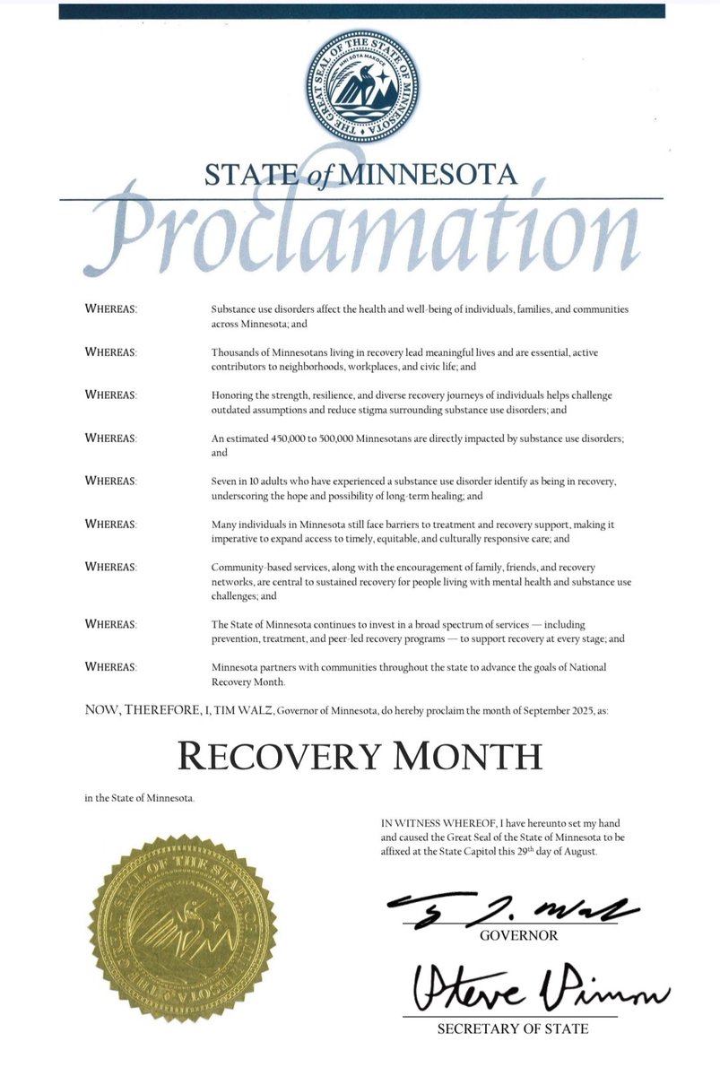 Randerson041's tweet photo. Thank you @GovTimWalz for officially declaring September 2025 #RecoveryMonth in #Minnesota.
#RecoveryWorks #RecoveryIsPossible https://t.co/afoHVIuMrX