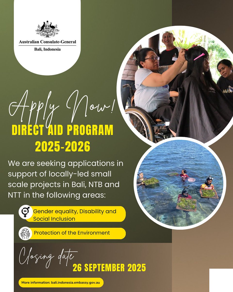 KonJenBali's tweet image. #DirectAidProgram kami kini dibuka untuk pendafataran putaran 2025-26. 

Kami mencari proyek skala kecil yg dimpimpin secara lokal mendukung GEDSI dan lingkungan di Bali, NTB, NTT. 

Lihat website kami untuk informasi lebih lanjut

Pendaftaran ditutup pada 26 September 2025