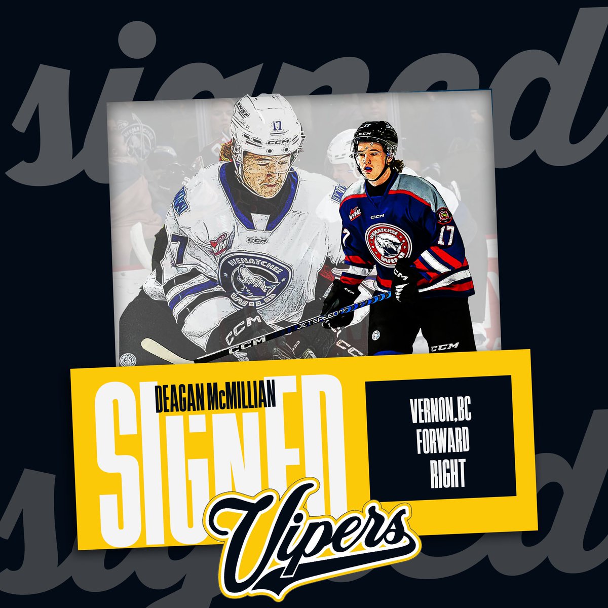 🚨 SIGNING ALERT 🚨

The Vipers have signed Vernon product Deagan McMillan! 

With 226 WHL games of experience, he brings leadership, scoring, and confidence back home.

Details: vernonvipers.com/vipers-welcome…

#TimeToStrike

📸 Russ Alman/Wenatchee Wild