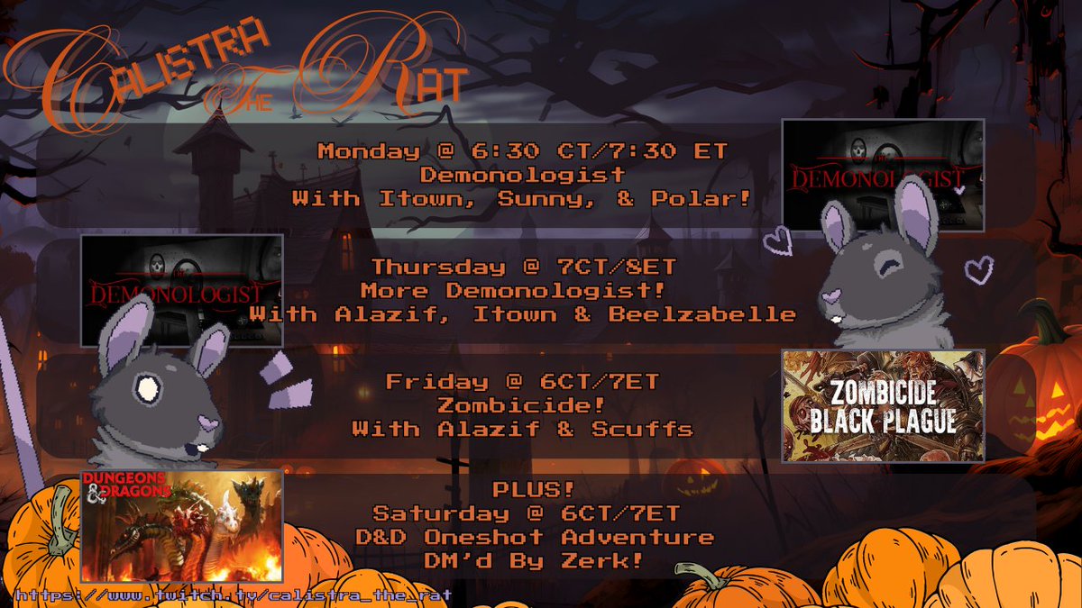 cali_the_rat's tweet photo. It's week 2 of #SpookySeason! I've got a double dose of #demonologist this week with the #MondayMischief gang and again Thursday with @BookOfTheDead_ , @beelzabelle and @ITOWNch! Friday follows up with #zombicide and Saturday a one shot D&D special DM'd by @ZerkTheZealous ! https://t.co/cMaZEWz4qh