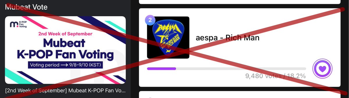 📢 MYs! 

Pre-voting for Show! Music Core has NOT started yet on Mubeat. ❌

Please don’t waste your heartbeats on this poll and wait for the pre-vote opening announcement before using them! 

#aespa #aespaRichMan <a href="/aespa_official/">aespa</a>