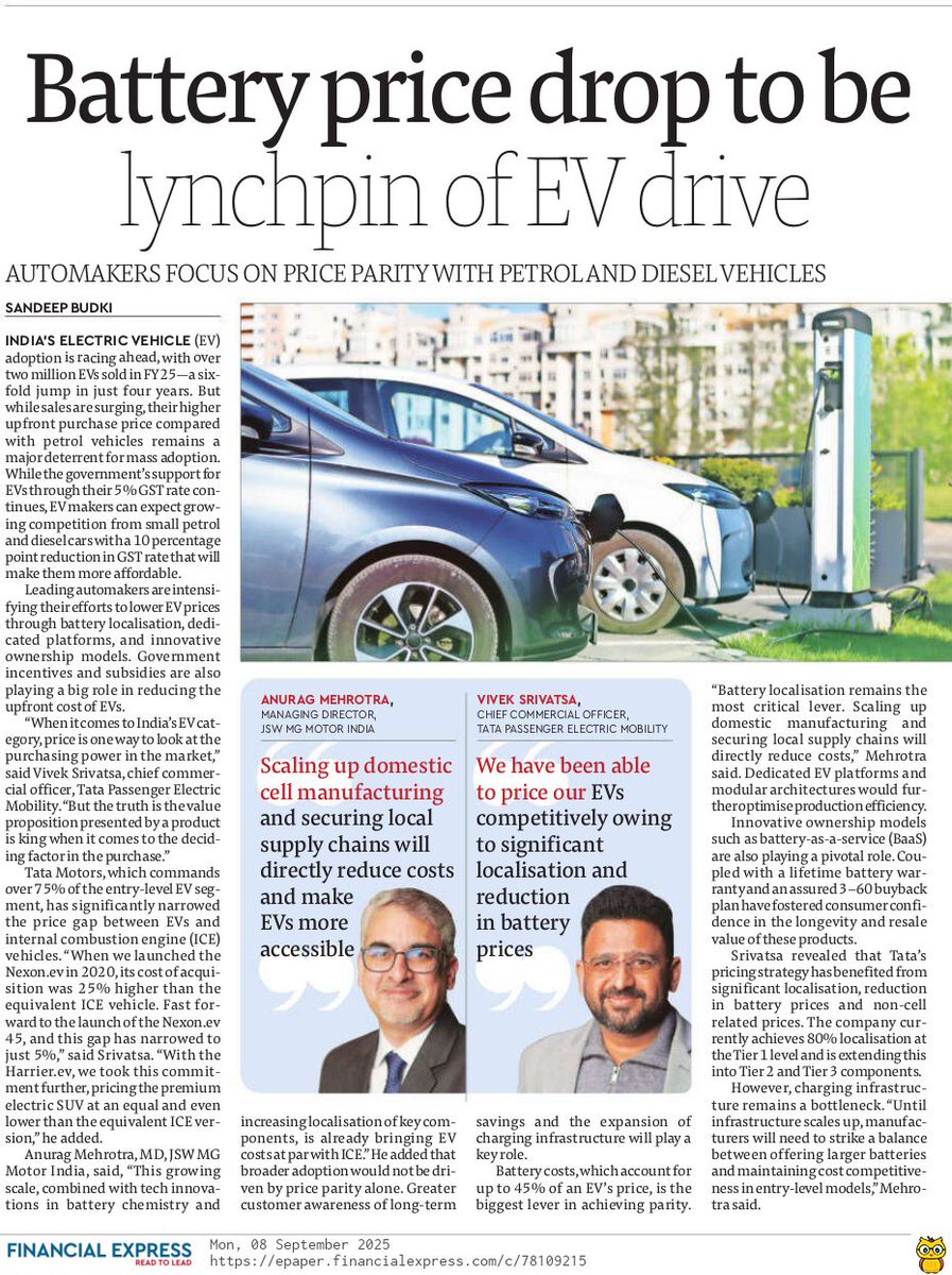 sandeep budki (@sandeepbudki) on Twitter photo Battery price drop to be lynchpin of EV drive - My feature in today's edition of FE. <a href="/TataMotors/">Tata Motors</a> <a href="/MGMotorIn/">Morris Garages India</a> Battery price drop to be lynchpin of EV drive - My feature in today's edition of FE. <a href="/TataMotors/">Tata Motors</a> <a href="/MGMotorIn/">Morris Garages India</a>