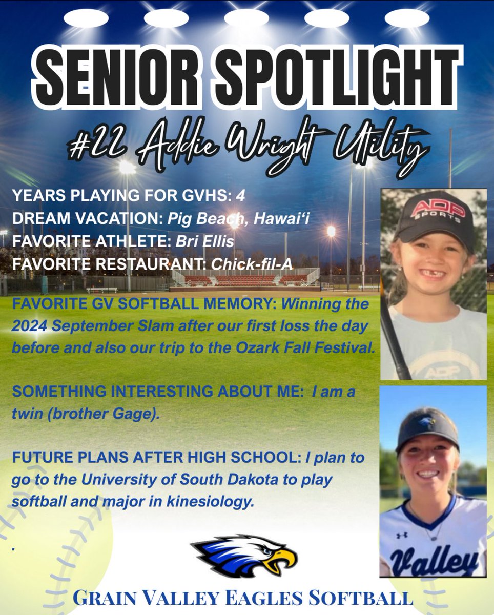 This week’s Senior Spotlight is on returning 1st Team All-Conference, All-District, All-Region &amp; 2nd Team NFCA All-Region performer from last year, <a href="/addie_w_22/">Addie Wright</a>! #OurTime