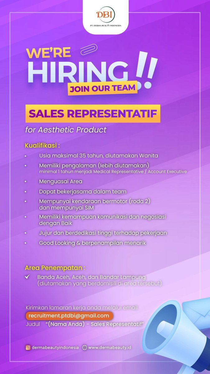 iceopennetworkk's tweet image. DIBUTUHKAN SEGERA! ✨ PT Derma Beauty Indonesia membuka lowongan Sales Representatif (MedRep) untuk B2B produk perawatan &amp;amp; kecantikan. Kirim CV ke recruitment.ptdbi@gmail.com. ⚠️ Rekrutmen tanpa biaya!
#Loker #LowonganKerja #MedRep #SalesRepresentative #Loker2025 #InfoLoker