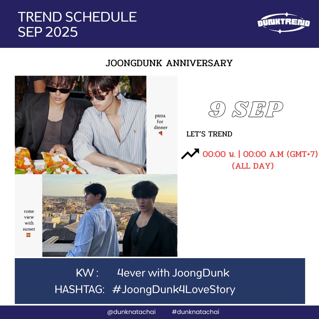 — #DunkTrendSchedule —
﹝ <a href="/dunknatachai/">dunknatachai</a> #dunknatachai ﹞ 

✨JOONGDUNK Anniversary 💛🌻

🗓️ : 9 Sep 2025

🔻Let’s Trend
⏰ : 00:00 น. | 00:00 AM (GMT+7) (all day) 

🔑 4ever with JoongDunk
#️⃣ JoongDunk4LoveStory