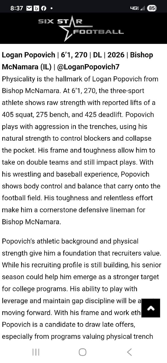 Thanks <a href="/sixstarfootball/">Six Star Football | PLUS+</a> for the write it means a lot to be on that list i’m going to continue to keep working and getting better during the season
<a href="/bmchsfootball/">Bishop McNamara Football</a> <a href="/youngbloodgreg/">Greg Youngblood</a> <a href="/PrepRedzone/">Prep Redzone 🏈</a> <a href="/CoachBigPete/">Peter "Coach Big Pete" Leinweber</a> <a href="/CornellRamsFB/">Cornell College Football</a>
