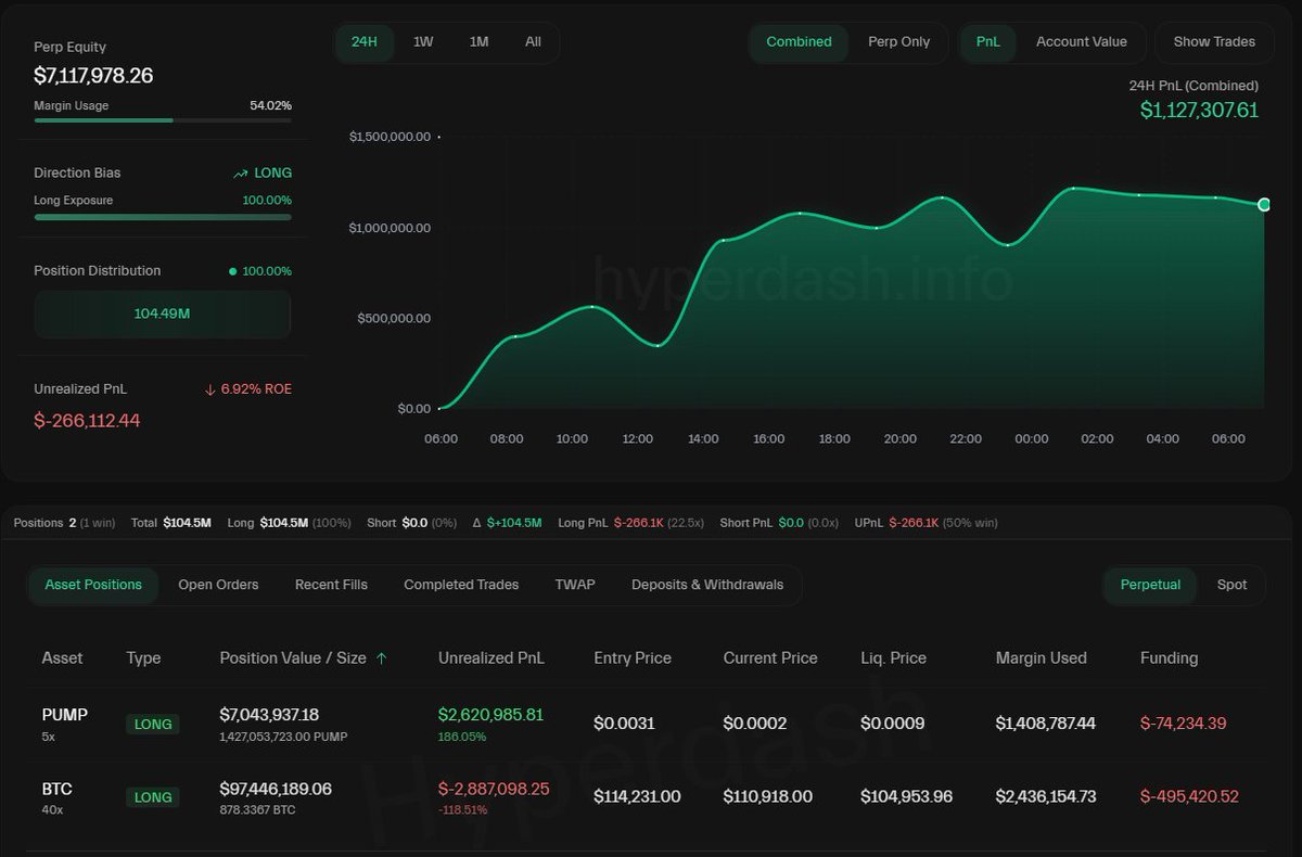 PUMPとBTCロングを含むWhale 1のHyperLiquidポジション