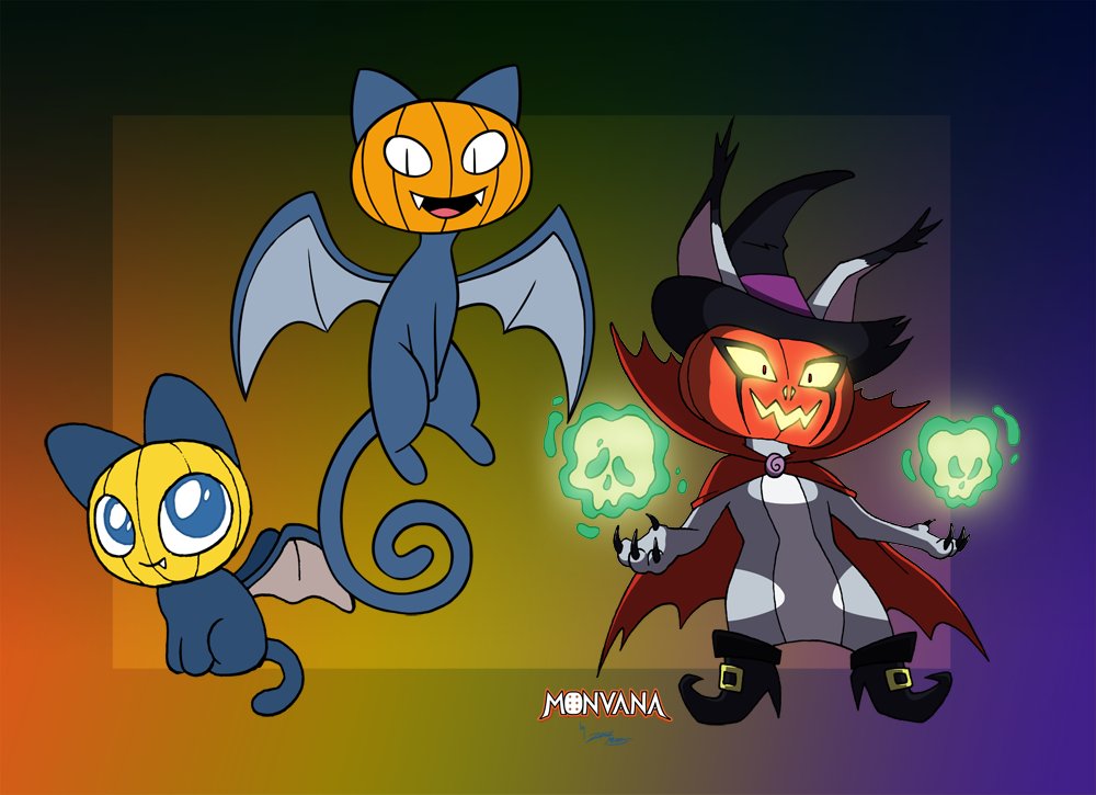 MonvanaComic's tweet image. Some fun designs for a baby form and an evolved form for Spookat!

The adorable little Spookitten, and the fearsome Klawtastrophe!