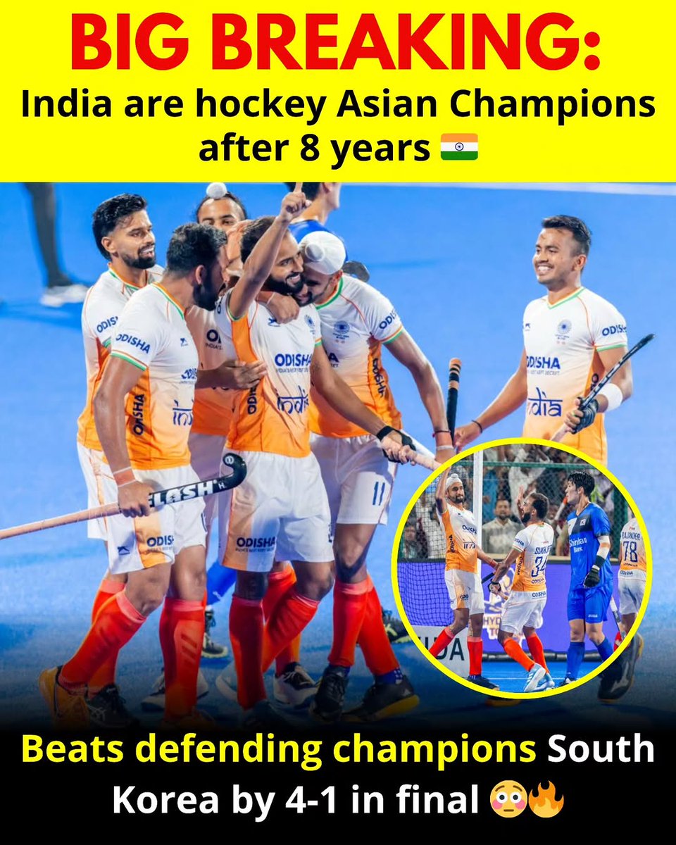 mohanmurari0094's tweet photo. 𝗖𝗵𝗮𝗺𝗽𝗶𝗼𝗻𝘀 𝗼𝗳 𝗔𝘀𝗶𝗮! 🏆🇮🇳🔥

India reign supreme at the Hero Asia Cup Rajgir, Bihar 2025 with a stellar campaign to lift the crown — their fourth Asia Cup title. 👑

#HockeyIndia #IndiaKaGame #HumseHaiHockey #HeroAsiaCupRajgir https://t.co/sMcEj39EuP