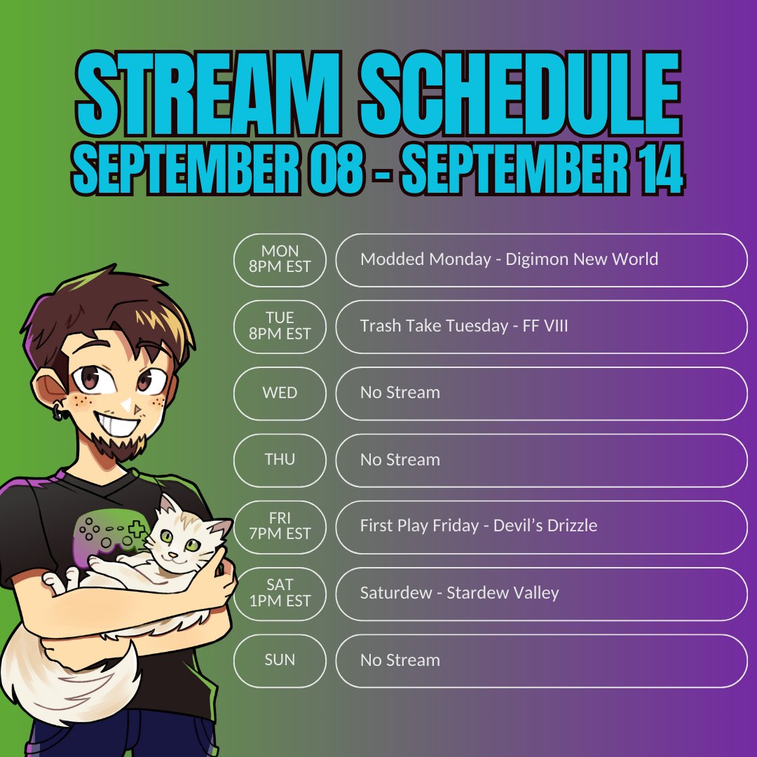 Saige3875's tweet photo. Schedule for this week! Starting Devil's Drizzle this Friday!
#stardewvalley #stardewvalleyexpanded #Digimon #DigimonNewWorld #finalfantasyviii #finalfantasy #DevilsDrizzle #cozygamer https://t.co/7VkdqyXrbm