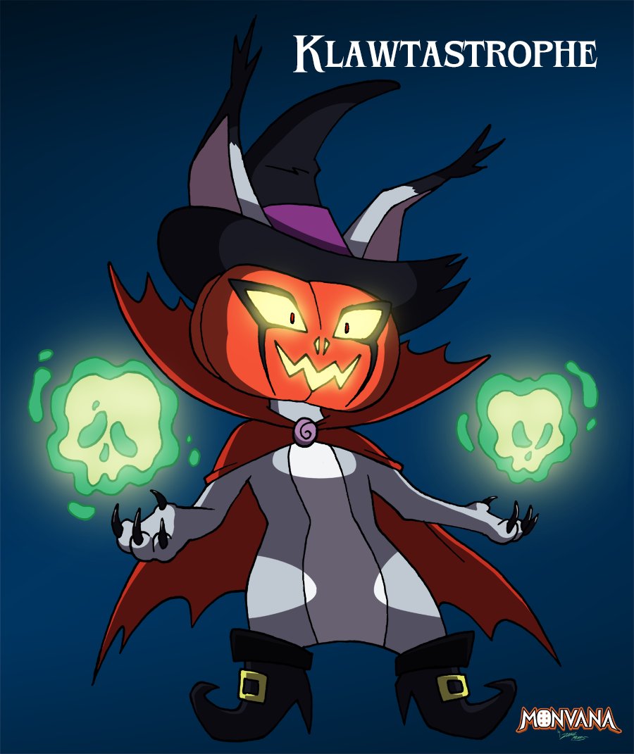 MonvanaComic's tweet image. Some fun designs for a baby form and an evolved form for Spookat!

The adorable little Spookitten, and the fearsome Klawtastrophe!