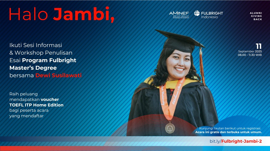 FulbrightID's tweet image. Dari AS kembali ke Jambi untuk mengabdi. 🌏

Temui Fulbrighter Dewi Susilawati, dengarkan tips dan pengalaman Fulbright termasuk penulisan esainya di sesi #AlumniGivingBack yang ia adakan.