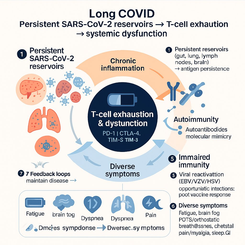 Persistent SARS-CoV-2 reservoirs drive chronic T-cell exhaustion and dysfunction.

This fuels inflammation, autoimmunity, fatigue, and weakened immunity—underlying the wide-ranging symptoms of Long COVID.
davidlingenfelter.substack.com/p/the-exhauste…