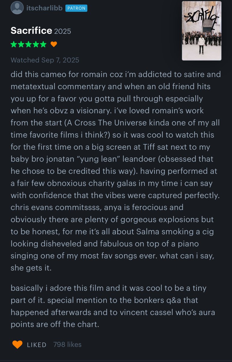 evanscontent's tweet image. Charli xcx’s letterboxd review of Romain Gavras’ SACRIFICE praising Chris Evans and Anya Taylor-Joy