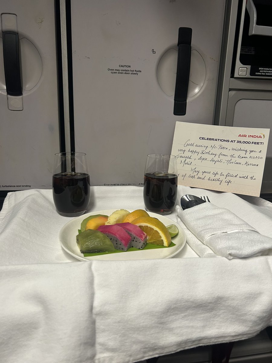 spatra23's tweet photo. Thanks @airindia for celebrating my wife’s birthday at 35,000 feet on 7th September’25. It was a surprise for her. Appreciate the cabin crew of AI1820 Sourabh, Aqsa, Anjali, Harleen, Karuna and Mohit https://t.co/HGZP6kEAi8