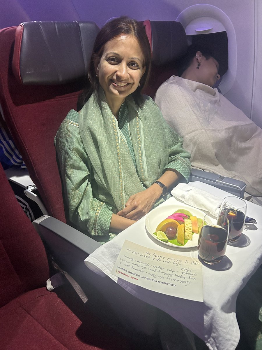 spatra23's tweet photo. Thanks @airindia for celebrating my wife’s birthday at 35,000 feet on 7th September’25. It was a surprise for her. Appreciate the cabin crew of AI1820 Sourabh, Aqsa, Anjali, Harleen, Karuna and Mohit https://t.co/HGZP6kEAi8