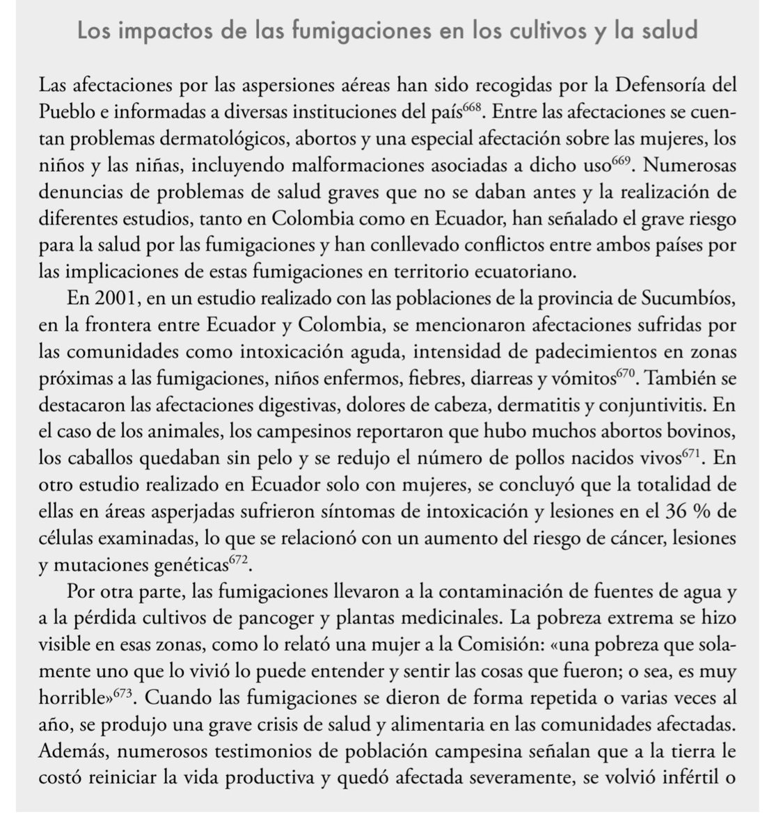 AlejamillerR's tweet image. Sobre las fumigaciones con glifosato, sus impactos en la vida de las personas y la naturaleza, y sobre su ineficacia, en el informe de la Comisión de la Verdad. 
Tomo de Hallazgos y Recomendaciones. Páginas 354-360.
Hay que leer, ningún "cero muertos" como dice el exministro.