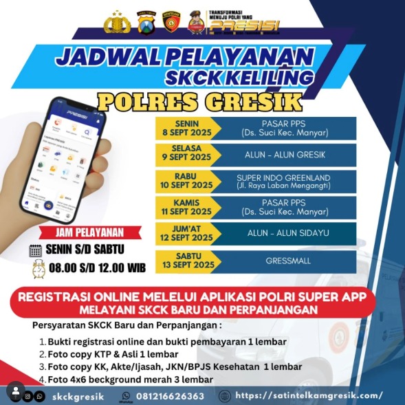 HumasGresik's tweet image. Jadwal SKCK Keliling Polres Gresik untuk pekan depan (8 s/d 13 September 2025) sudah keluar.
Catat tanggal dan lokasinya. ya!
Jangan sampai kelewatan, ya
#simkelilinggresik
#skckkelilinggresik
#gresik
#satlantaspolresgresik
#polresgresik
#skckonline
#skckpolresgresik