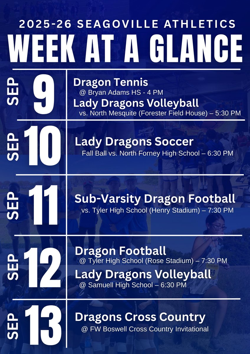 🚨Week at a Glance!🚨

The Dragons are on the move this week! Games, meets, bringing all the heat. 
See you there! 

 Dragon Pride!