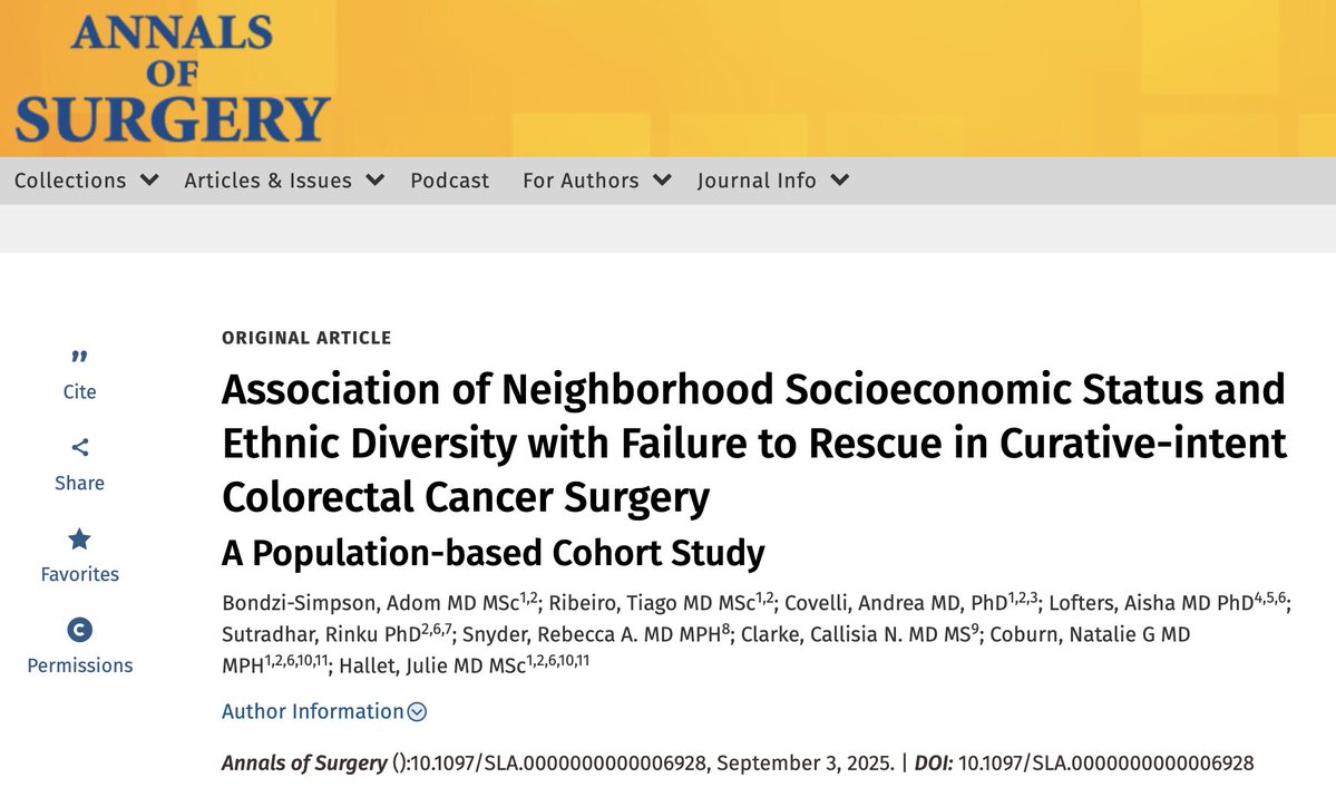 🚨 Where you live shouldn’t determine if you survive surgery.
Patients from low-income &amp; diverse neighbourhoods face higher odds of death after complications (“failure to rescue”) in colorectal cancer surgery.
🆕 @AnnalsOfSurgery 👉 journals.lww.com/annalsofsurger…
@IHPME_UofT #SurgOnc