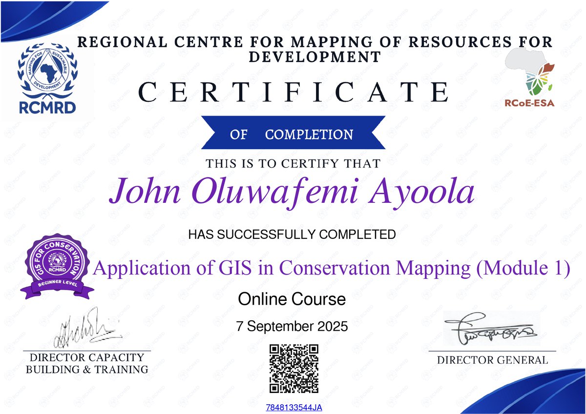 Excited to complete the Application of GIS in Conservation Mapping training! 🌍 Gained skills in using #GIS and #RemoteSensing to address forest disturbances in Nigeria.

Thanks to <a href="/RCoE_ESA/">Regional Centre of Excellence (RCoE)</a>  &amp; facilitators for the impactful sessions! 🌱✨
#Conservation #Biodiversity