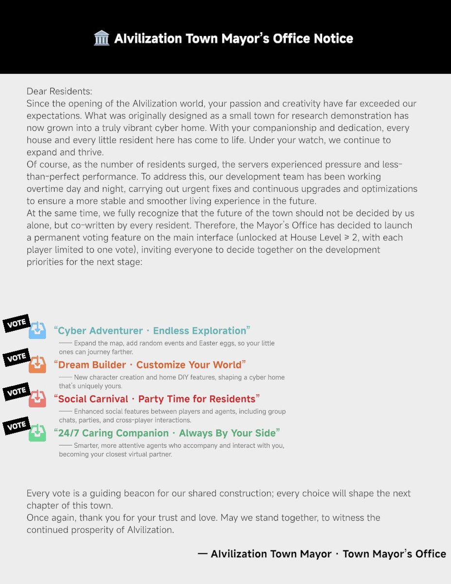 aivilization's tweet image. The future of AI Town is in your hands—voting is LIVE! 🗳️

🏛️ An official notice from the Mayor’s Office
We hope to determine the next stage of gameplay based on the genuine choices of our residents!

📬 How to vote?
It’s simple! Switch to Game Mode and tap the envelope icon at…