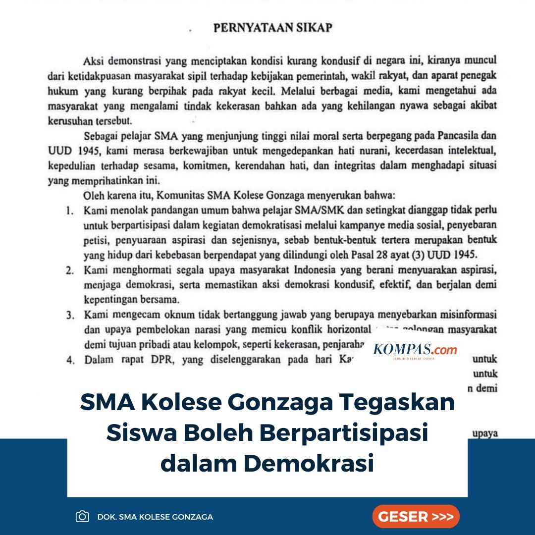 kompascom's tweet photo. SMA Kolese Gonzaga Tegaskan Siswa Boleh Berpartisipasi dalam Demokrasi https://t.co/FC3Z92HGWc